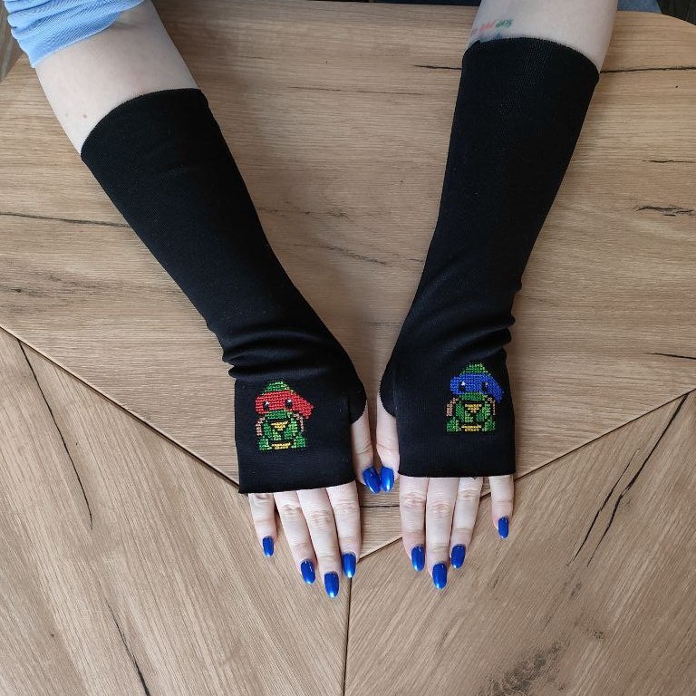 Перчатки митенки с вышивкой Черепашки Ниндзя, длинные, черные